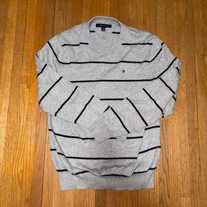Tommy Hilfiger Light Gray Crewneck Sweater with Navy Stripes
